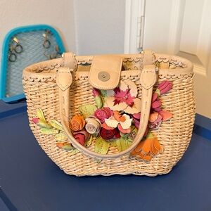 👜 Brighton Woven Straw Floral Appliqué Satchel / Top Handle Bag